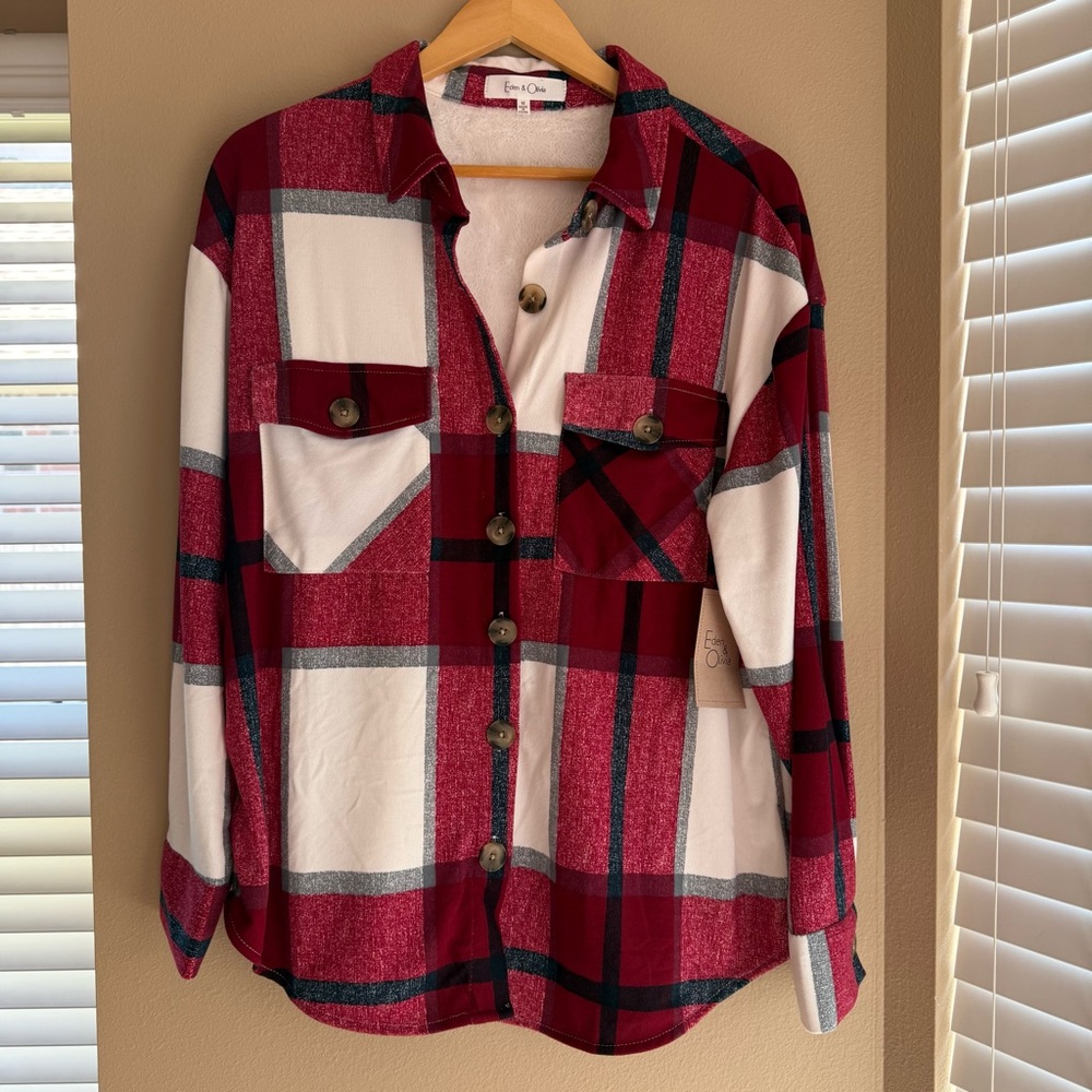 Plaid Jacket Shirt Western Eden & Olivia Red and White Button-Up Soft Country